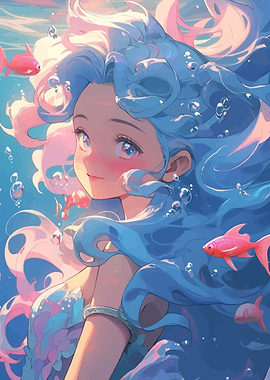 Anime Mermaid with Blue Hair and Fish