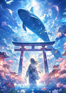 Girl in Kimono Under Torii Gate with Whales