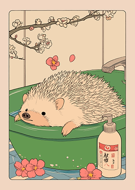 Hedgehog taking a bath with flowers