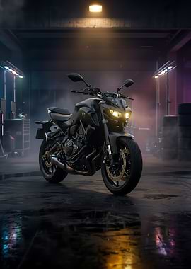 Dark Yamaha MT-07 Motorcycle in Garage