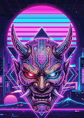 Cyberpunk Oni Mask Neon Cityscape