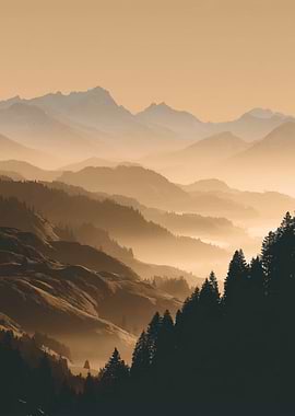 Misty Mountain Range at Sunrise