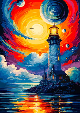 Cosmic Lighthouse in a Swirling Sky