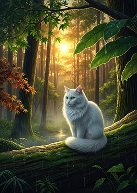 White Cat in Rainy Forest
