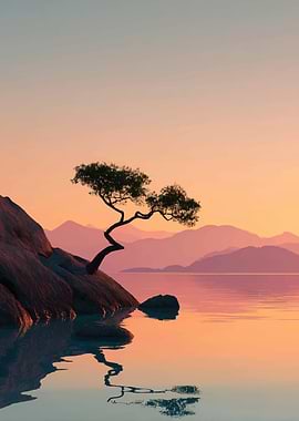 Serene Sunset Over Mountains and Water