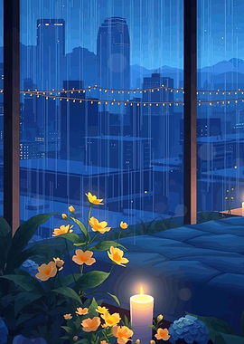 Rainy Cityscape with Flowers and Candles
