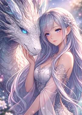 Anime Girl with White Dragon