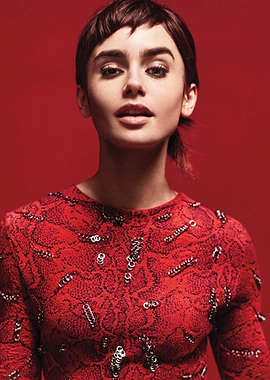 Lily Collins in Red Snake Print Top