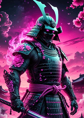 Cyberpunk Samurai with Pink Cherry Blossoms