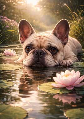 French Bulldog in a Pond with Water Lilies