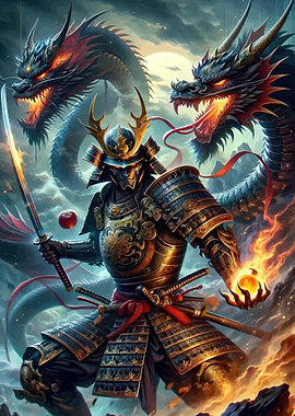 Samurai Warrior Battling Dragons
