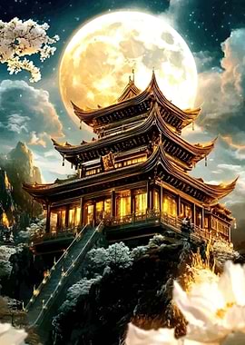 Enchanted Asian Temple Under a Full Moon