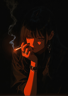 Anime Girl Smoking in Red Light