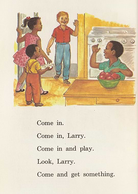 Children inviting Larry inside