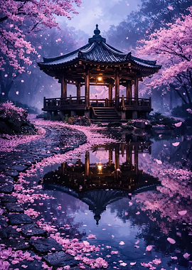 Serene Japanese Garden with Cherry Blossoms