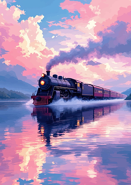Train on Water at Sunset