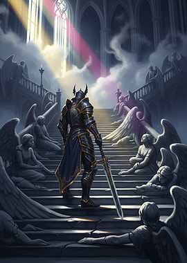 Knight in a Cathedral with Angel Statues