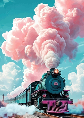 Vintage Train with Pink Clouds