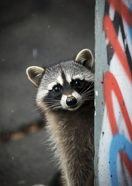 Curious Raccoon Peeking Around Graffiti