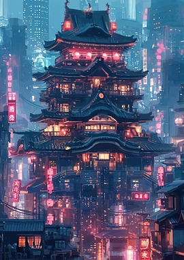 Cyberpunk Japanese Pagoda Cityscape