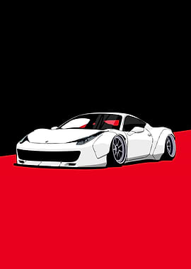 White Sports Car on Red and Black Background