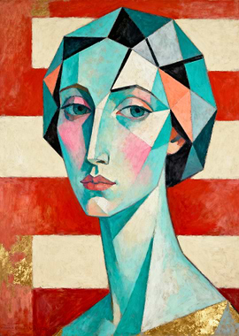 Cubist Portrait with Red and White Stripes