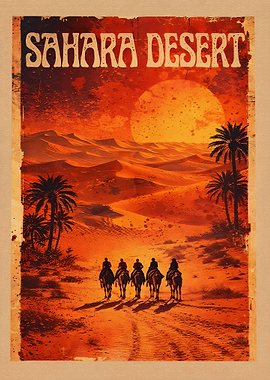 Sahara Desert Camel Caravan Vintage Poster