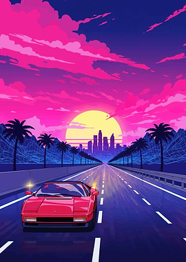Retro Sunset Drive with Sports Car
