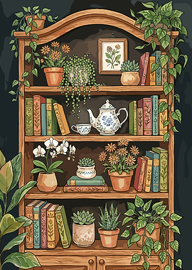 Cozy Bookshelf with Plants and Teapot