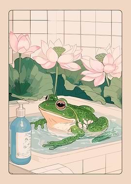 Frog Bathing with Lotus Flowers