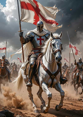Knight on White Horse with Flag