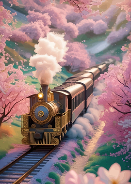 Steam Train Through Cherry Blossoms