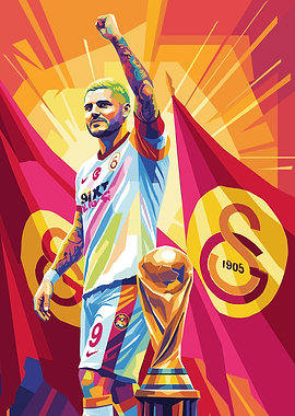 Footballer with Trophy and Flags