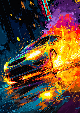 Flaming Sports Car Neon City