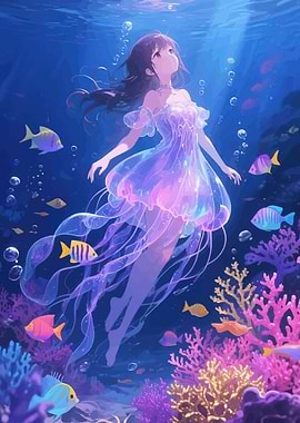 Anime Girl in Jellyfish Dress Underwater