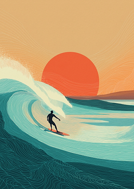 Surfer Riding a Wave at Sunset