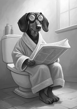 Dachshund Reading Newspaper on Toilet