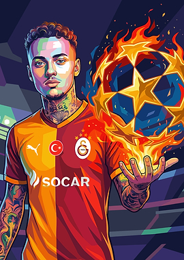 Footballer with Fiery Champions League Ball