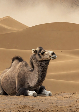 Camel resting in desert dunes