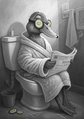 Duck in Robe Reading Newspaper