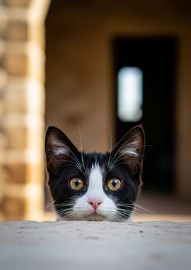 Curious Black and White Kitten Peeking Over Ledge