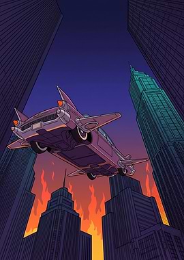 Flying Car Over Fiery Cityscape