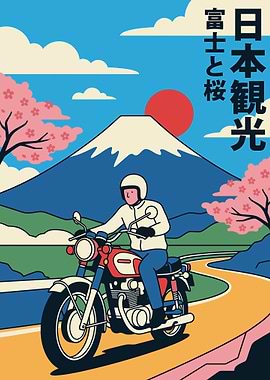 Motorcyclist rides past Mount Fuji and cherry blossoms