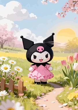 Kuromi in a Pink Dress in a Spring Meadow