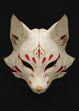 Kitsune Mask with Red and Gold Accents