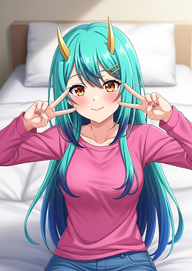 Anime Girl with Teal Hair and Horns