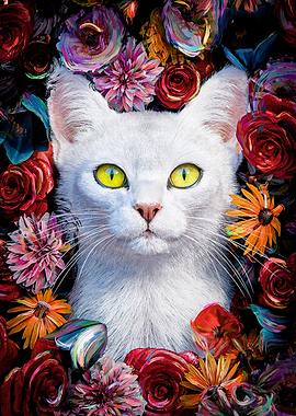 Golden-Eyed White Cat in a Dark Floral Garden