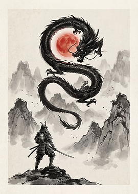 Samurai Facing Dragon Under Red Moon
