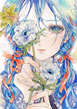 Anime Girl with Blue Hair and Flowers