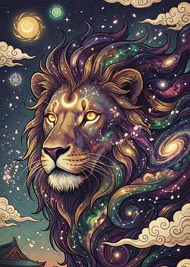 Cosmic Lion with Crescent Moon
